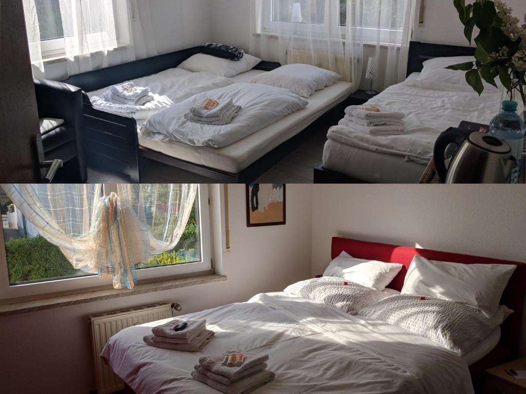 two pictures of a bedroom with two beds and a window at Ruhige Zimmer im Grünen in Berlin