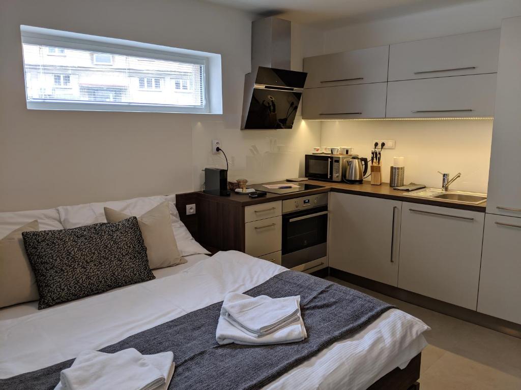 eine kleine Küche mit einem Bett in einem Zimmer in der Unterkunft AP10 - Apartments 4U Březinova "Overnight Simply" in Hradec Králové