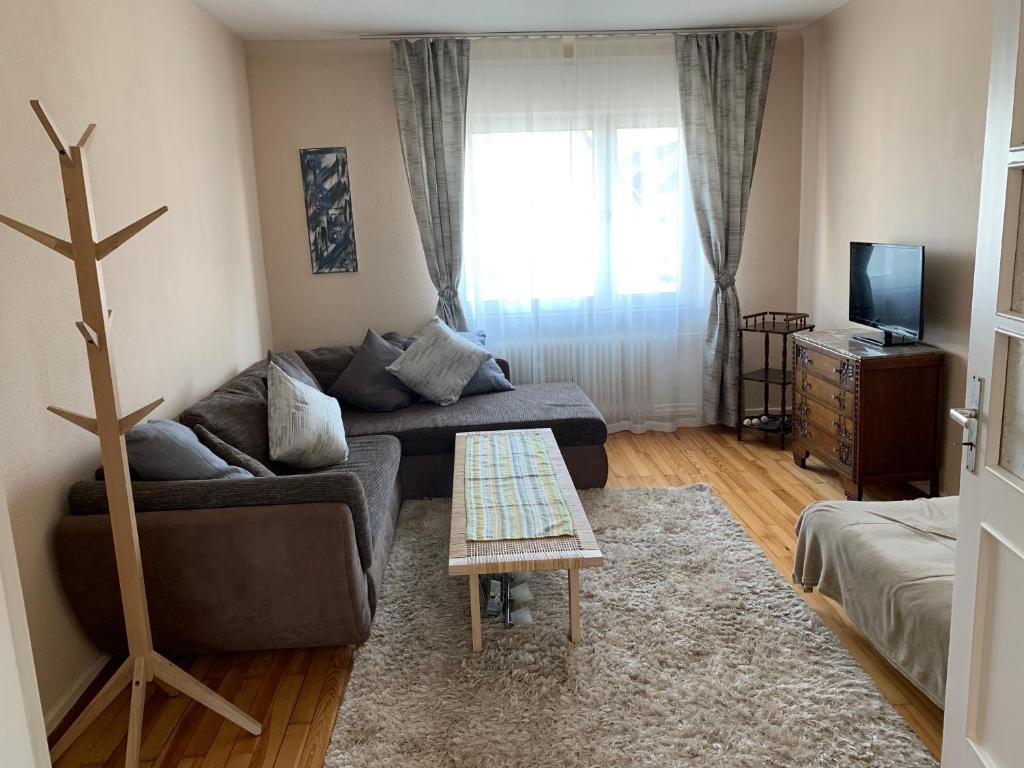 a living room with a couch and a coffee table at Moderne Ferienwohnung mit Balkon im schönen Saarland in Pachten