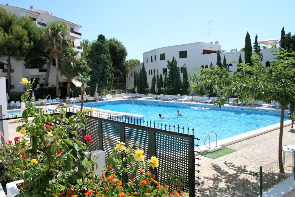 una piscina con 2 personas nadando en ella en Apartamentos Arcos I Casa Azahar, en Alcossebre