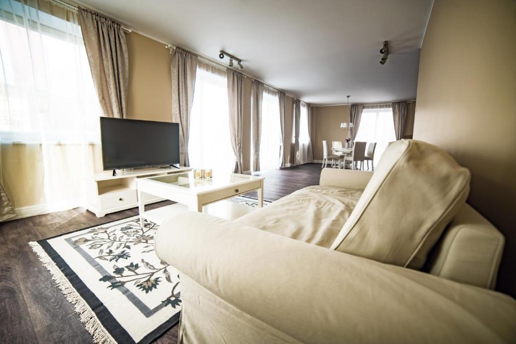 sala de estar con sofá y TV en Royal Sauna Apartments en Klaipėda