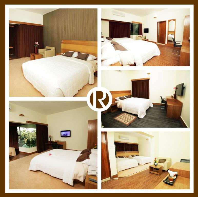 un collage de cuatro fotos de una habitación de hotel en Richmond Hotel & Suites, en Dhaka