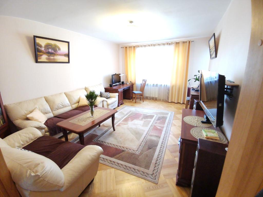 a living room with a couch and a tv at Tadas Apartaments in Vilnius