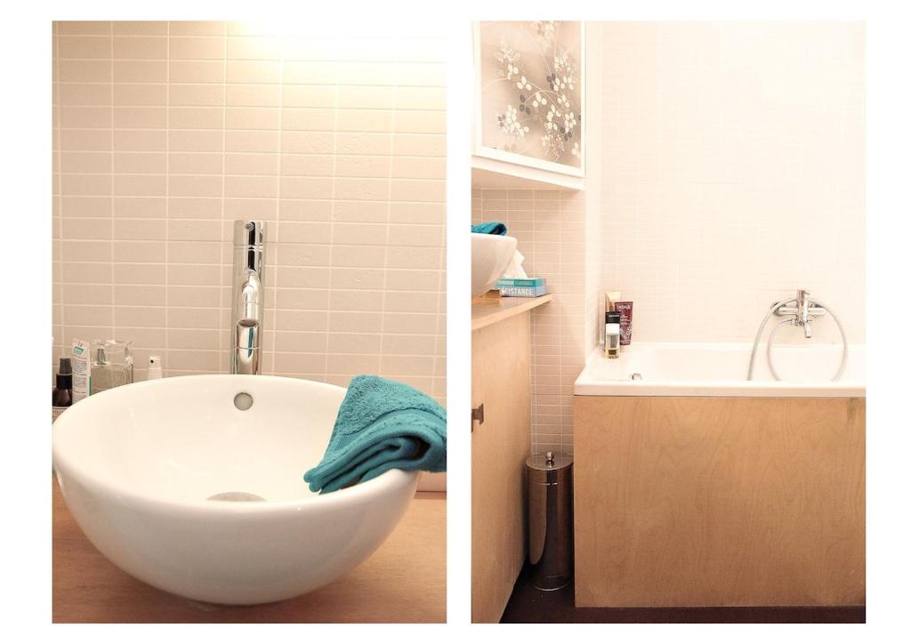 two pictures of a bathroom with a sink and a tub at Apartment with terrace 5 people Bastille by Weekome in Paris