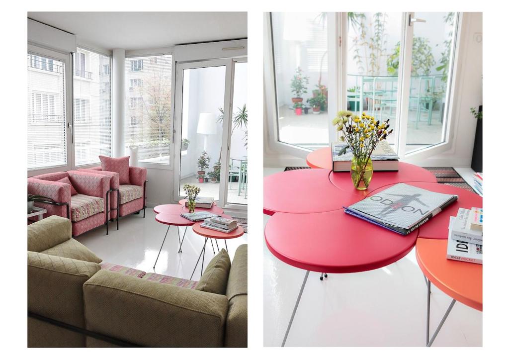 two pictures of a living room with a red table at Apartment with terrace 5 people Bastille by Weekome in Paris