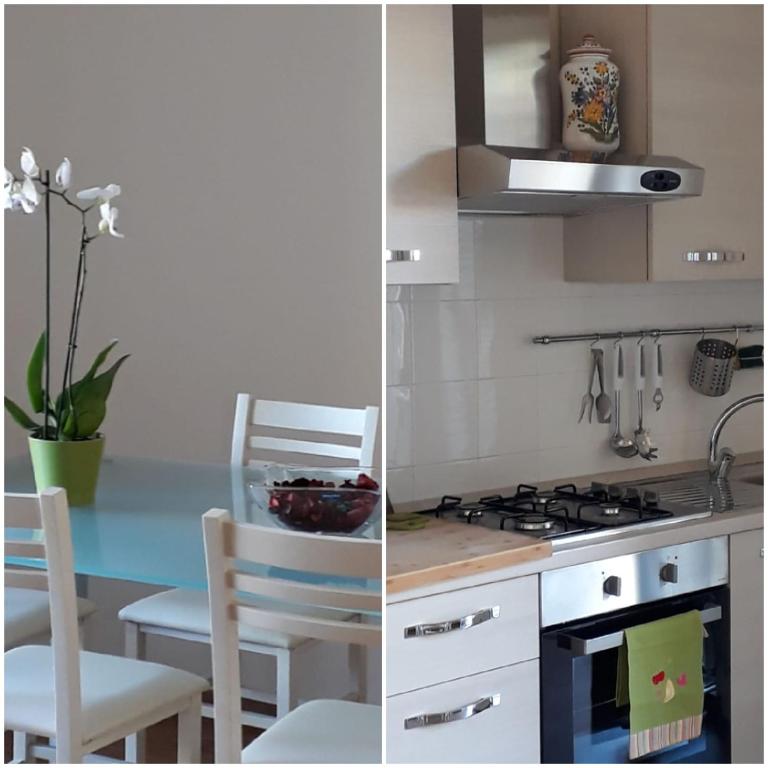 two pictures of a kitchen with a stove and a table at La casa di Giò in Montesilvano