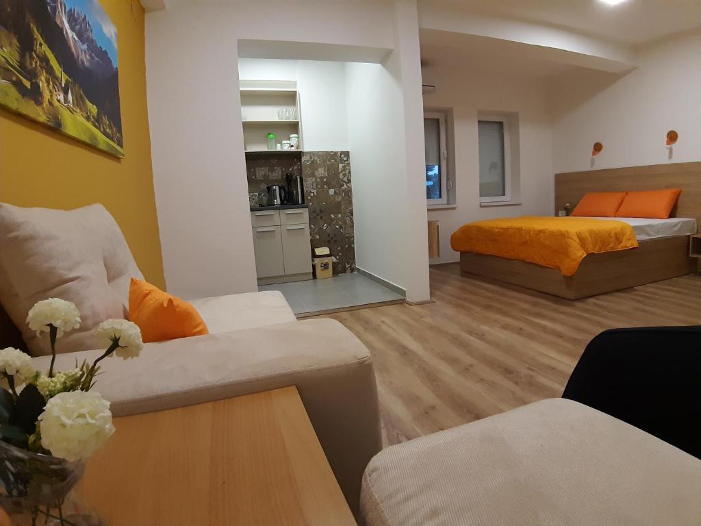 a living room with a couch and a bed at Bojana Apartment in Negotino