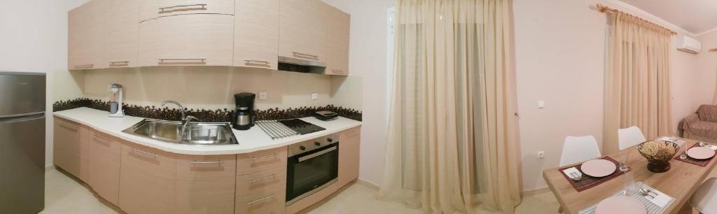 una piccola cucina con lavello e microonde di Paschali apartment with 2 bedrooms in Ammoudia a Párga