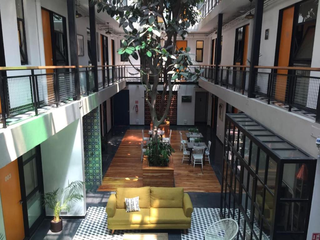 arium of a building with a couch and a tree at Mini Loft Buenavista 106 in Mexico City