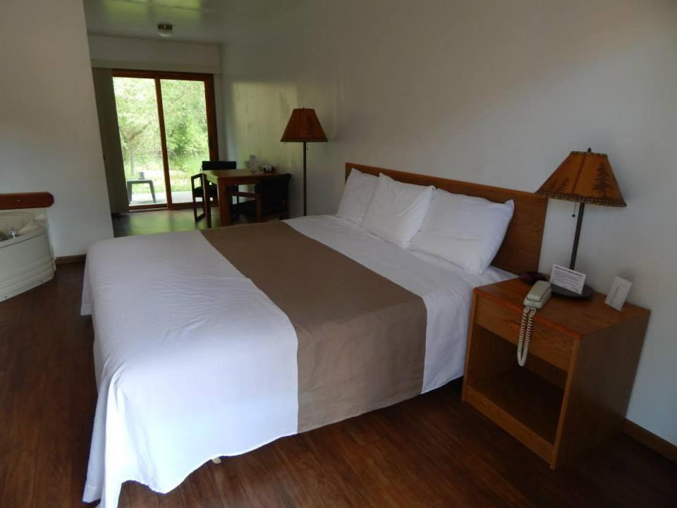 a bedroom with a large bed and a phone on a table at The Brookside Motel / Mt. Rushmore in Keystone