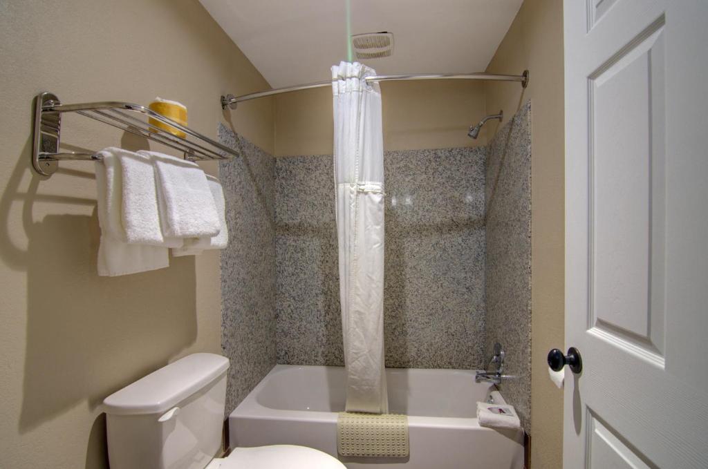 a small bathroom with a toilet and a shower at Westbridge Inn & Suites in Clinton