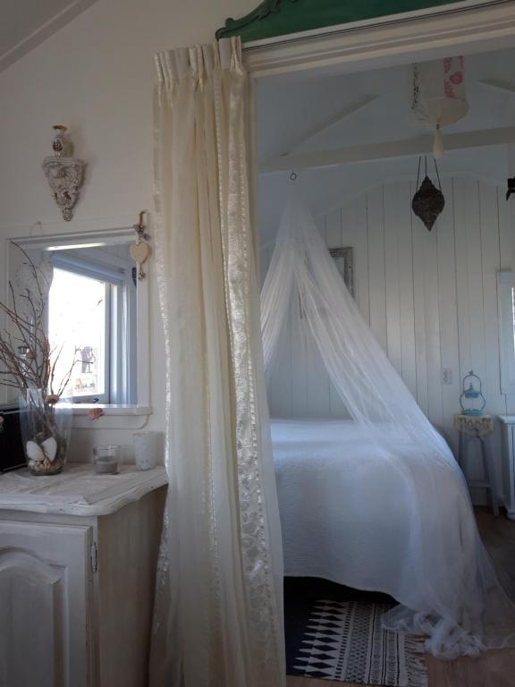 a bedroom with a white bed with a canopy at Rietzicht in Alkmaar
