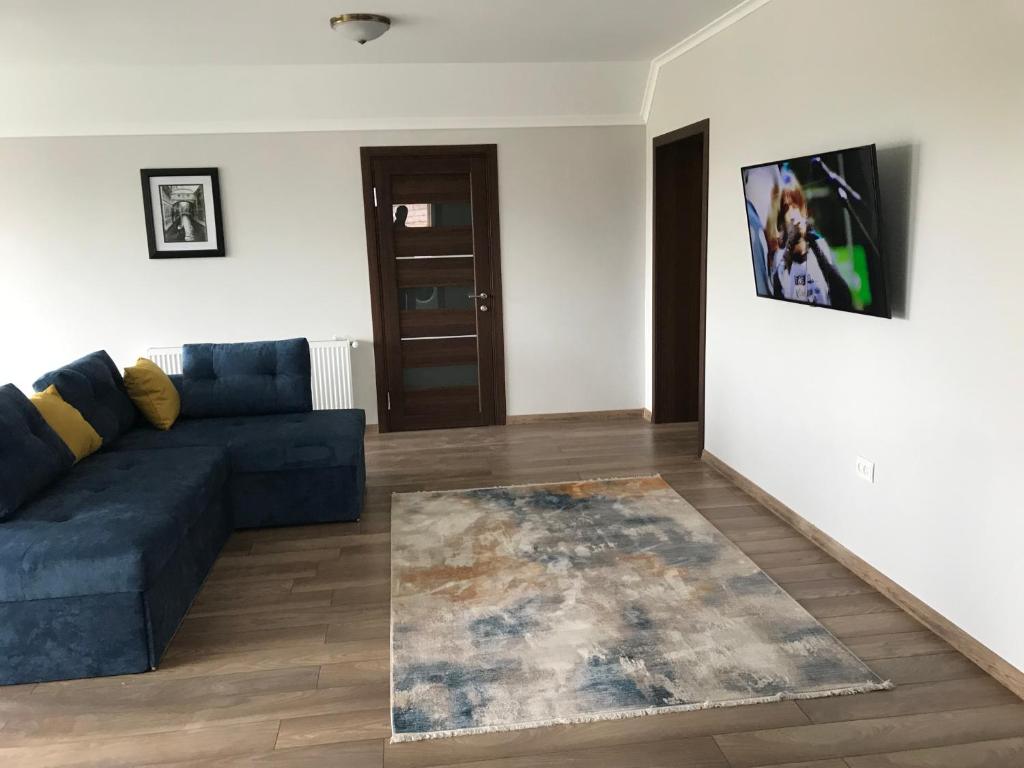 sala de estar con sofá azul y alfombra en Green Energy Apartment, en Beregovo
