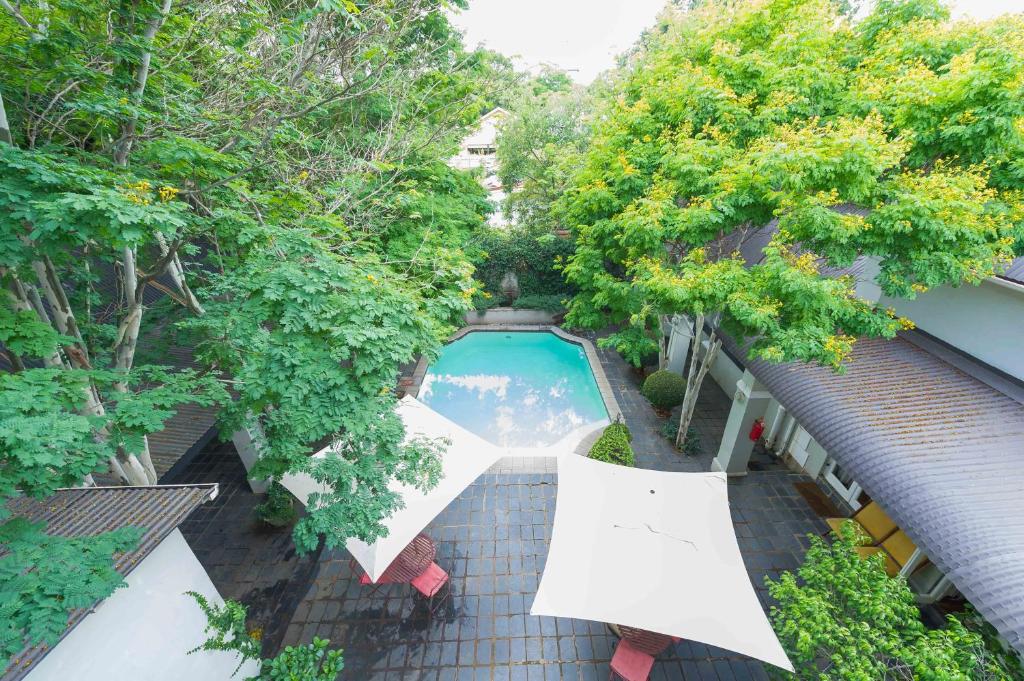 an overhead view of a swimming pool with umbrellas at Osborne House in Pretoria