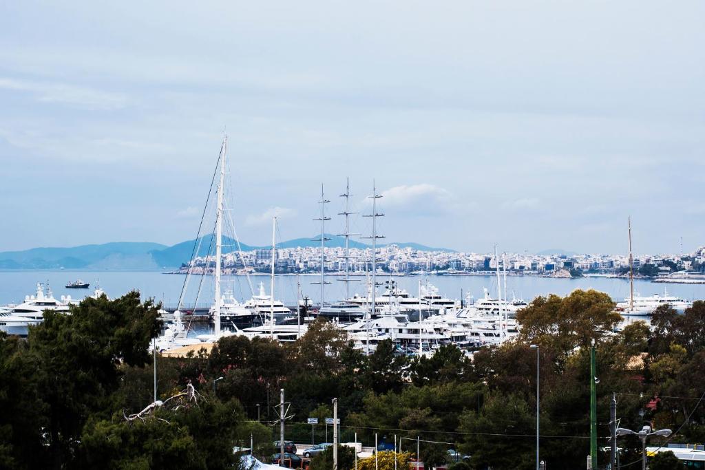 eine Gruppe von Booten, die in einem Hafen angedockt sind in der Unterkunft Flisvos Seafront-Marina apartment in Athen