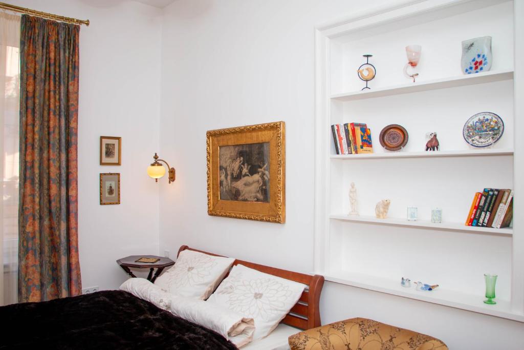 Antique Lviv في إلفيف: غرفة معيشة مع أريكة ورفوف مع كتب