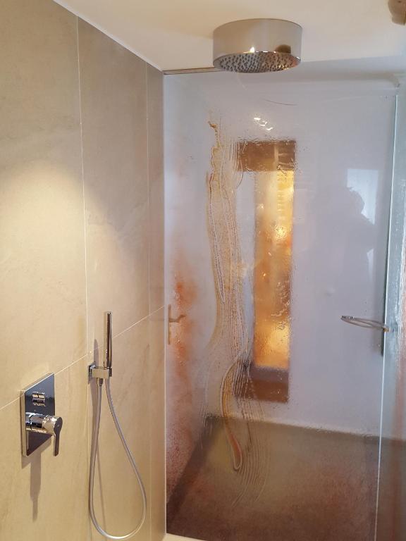 a shower with a glass door in a bathroom at Altötting City Apartments in Altötting