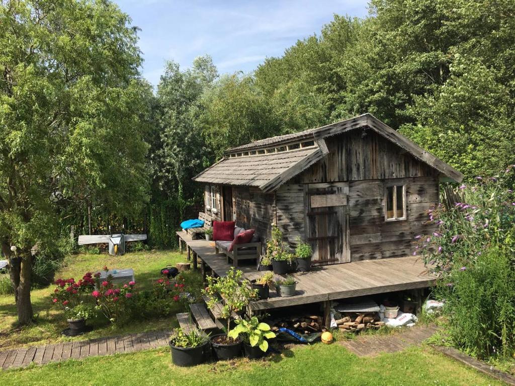 an old wooden cabin with a deck in a yard at Cabin in the Green - near Amsterdam in Velsen-Zuid