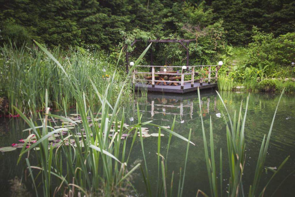Small lily-strewn pond with wooden gazebo deck surrounded by reeds and dense greenery.