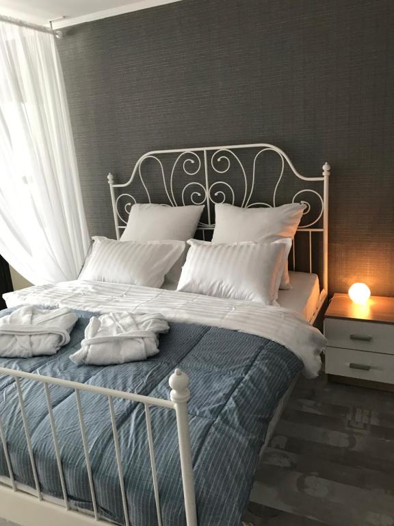 イヴァノヴォにあるУлучшенные однокомнатные апартаментыのベッドルーム1室(金属製のフレームと枕付きのベッド1台付)