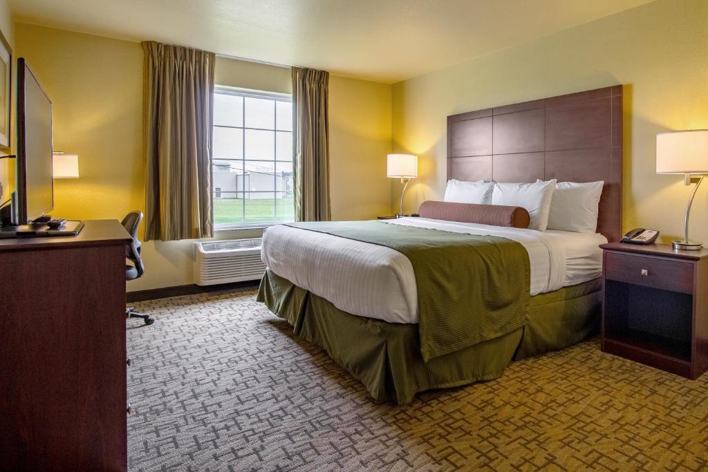 a hotel room with a large bed and a television at Cobblestone Inn & Suites - Soda Springs in Soda Springs