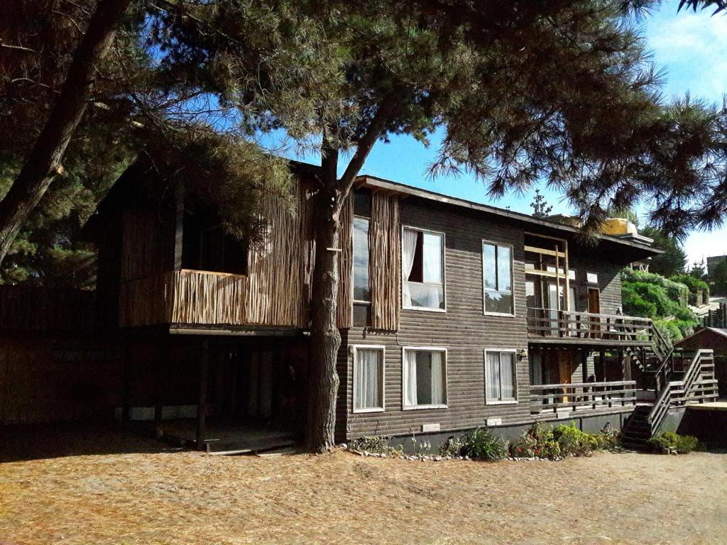 una casa grande con un árbol delante en Cabañas Punta de Lobos en Pichilemu