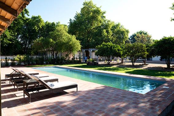 a swimming pool with benches and trees at NOI Blend Colchagua in Santa Cruz