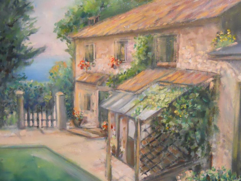 una pintura al óleo de una casa con una valla en B&B Ca' Morino, en Novaglie