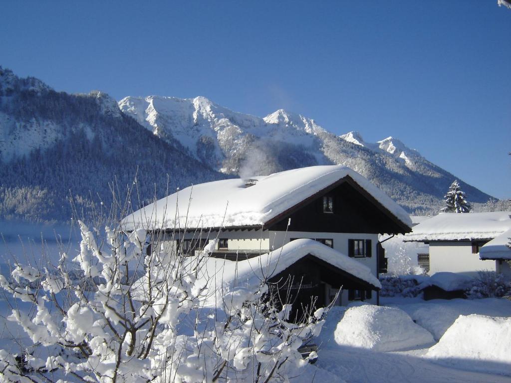 une maison recouverte de neige avec des montagnes en arrière-plan dans l'établissement Haus Schwalbennest, à Inzell