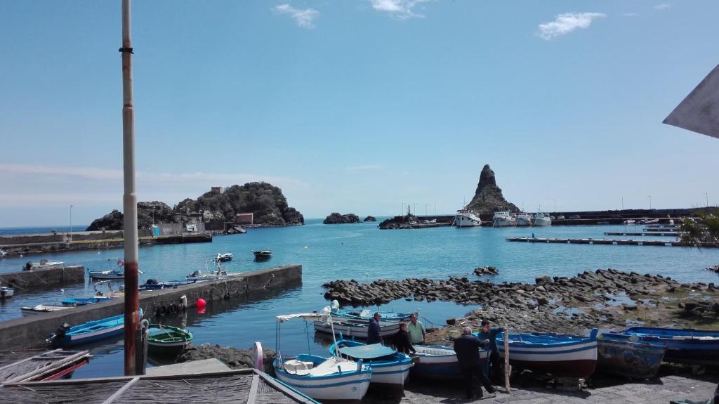 a group of boats are docked at a harbor at La casa di Martina in Acitrezza