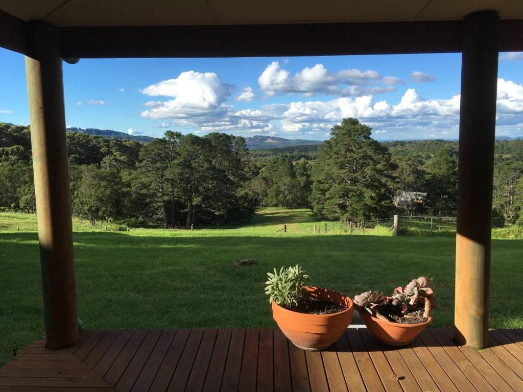 two potted plants sitting on a porch with a view at Mirradong Cottage in Berambing