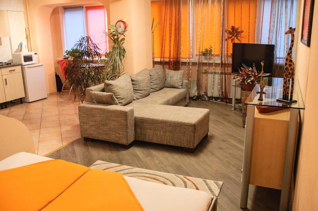 a living room with a couch and a tv at Kiev Central Apartment in Kyiv