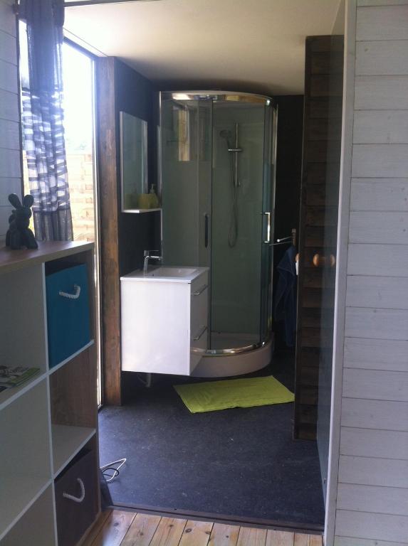 a bathroom with a shower with a sink and a glass shower at Les nuits insolites de la mothe - hébergement en bulle ou tiny house avec spa privatif in Outremécourt