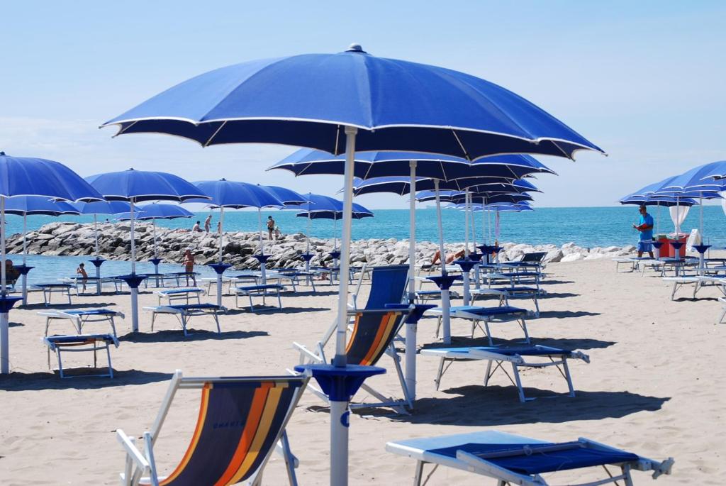 a bunch of chairs and umbrellas on a beach at Hotel Valdor in Cavallino-Treporti