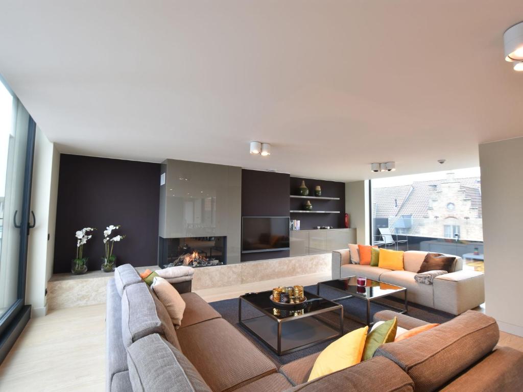 ein Wohnzimmer mit einem Sofa und einem Kamin in der Unterkunft Luxurious Apartment in Nieuwpoort with Jacuzzi in Nieuwpoort