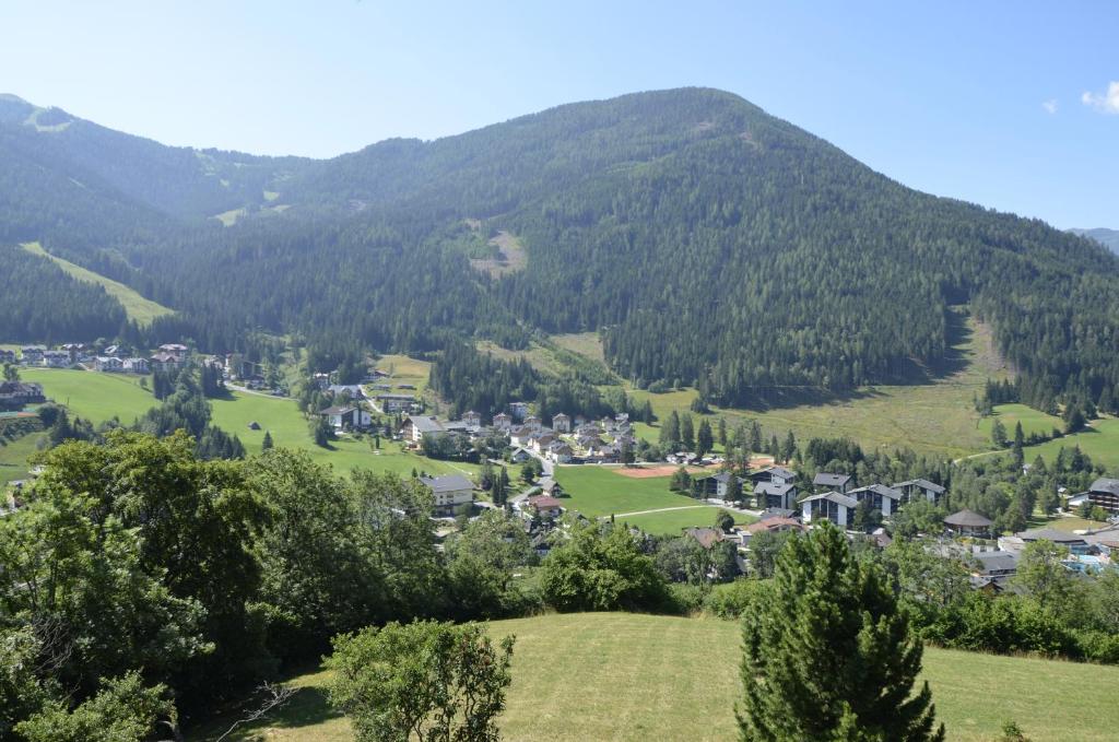 un village dans une vallée avec des montagnes en arrière-plan dans l'établissement Panoramapension Lerchner, à Bad Kleinkirchheim