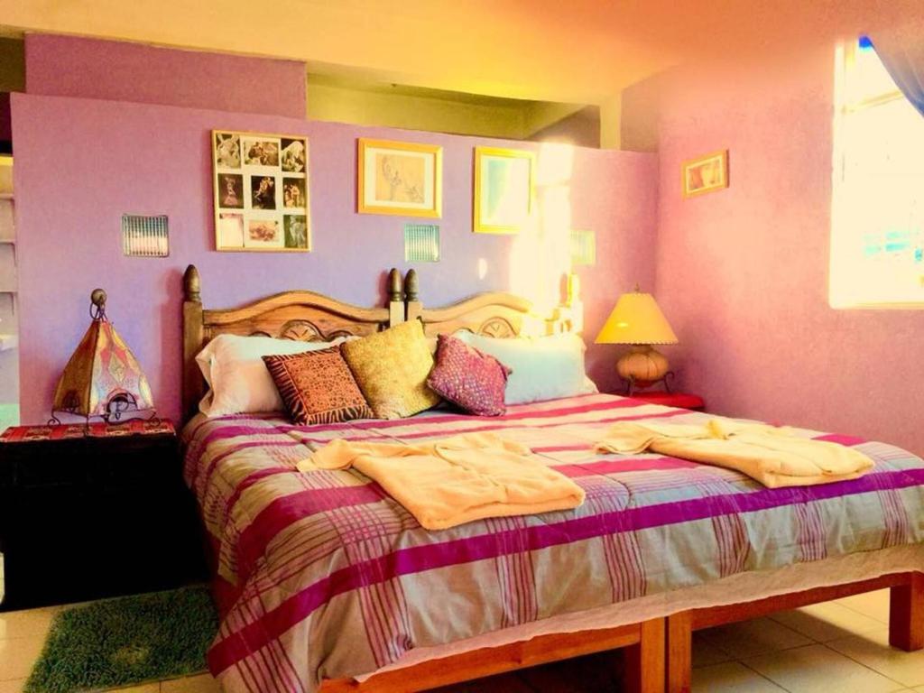 1 dormitorio con 1 cama grande y paredes de color rosa en Lindo Depa Chimenea Preciosa Vista, en San Cristóbal de Las Casas