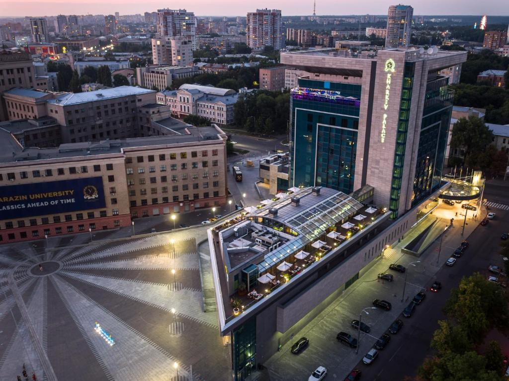 an aerial view of a city at night at Kharkiv Palace Hotel in Kharkiv