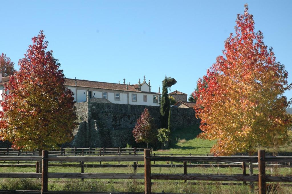 two trees in a field next to a fence at Quinta da Casa Alta in Valença