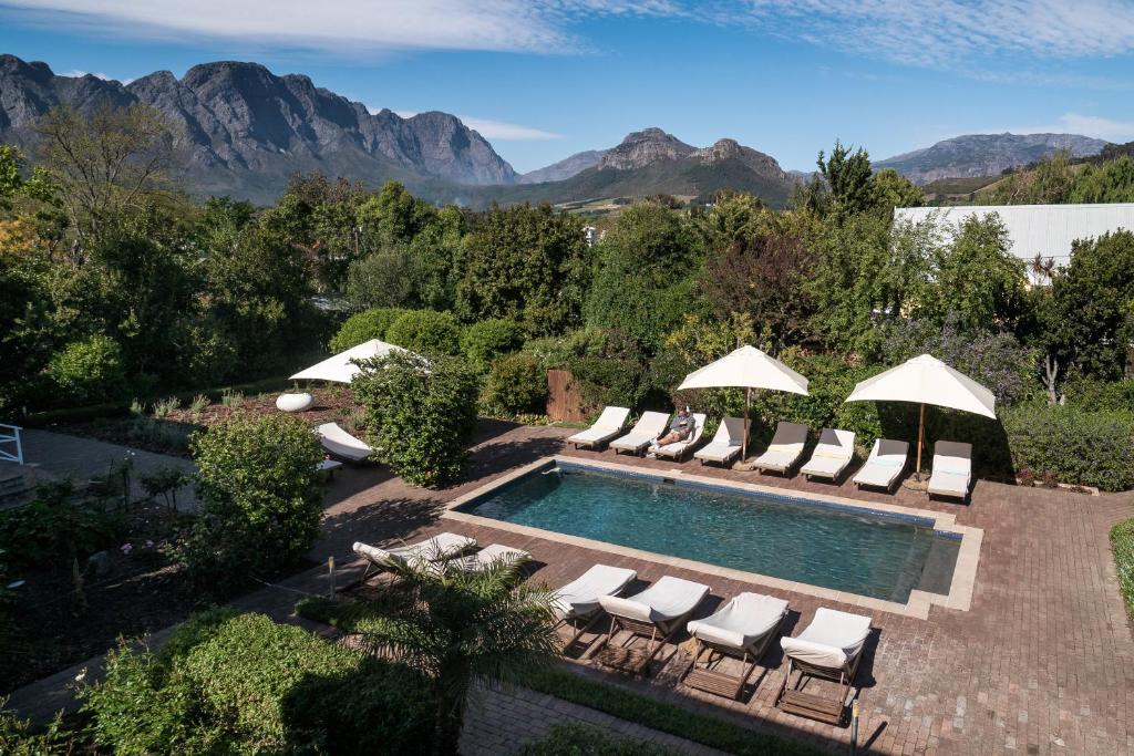 an overhead view of a swimming pool with lounge chairs and umbrellas at Plumwood Inn - Solar Power in Franschhoek