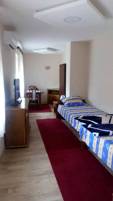a bedroom with a bed and a desk and a television at Guest House Green view in Pirot