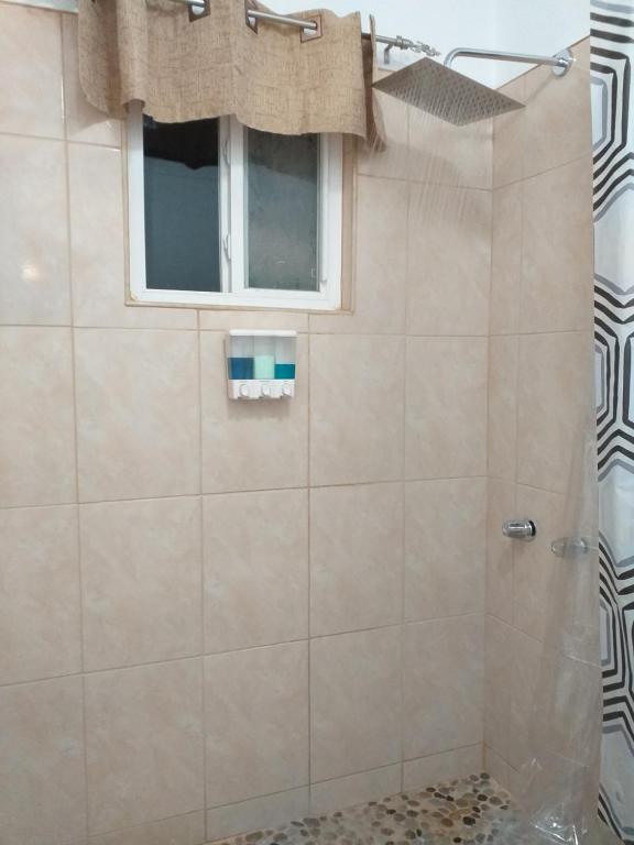 a shower with a glass door in a bathroom at BELL At The Airport Suites Adults Only - Free Airport Transportation in Nassau