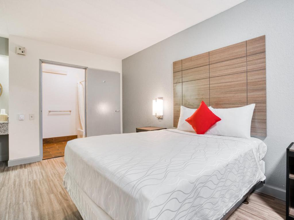 達拉斯的住宿－Dallas Love Field Inn，酒店客房配有一张带红色枕头的大床