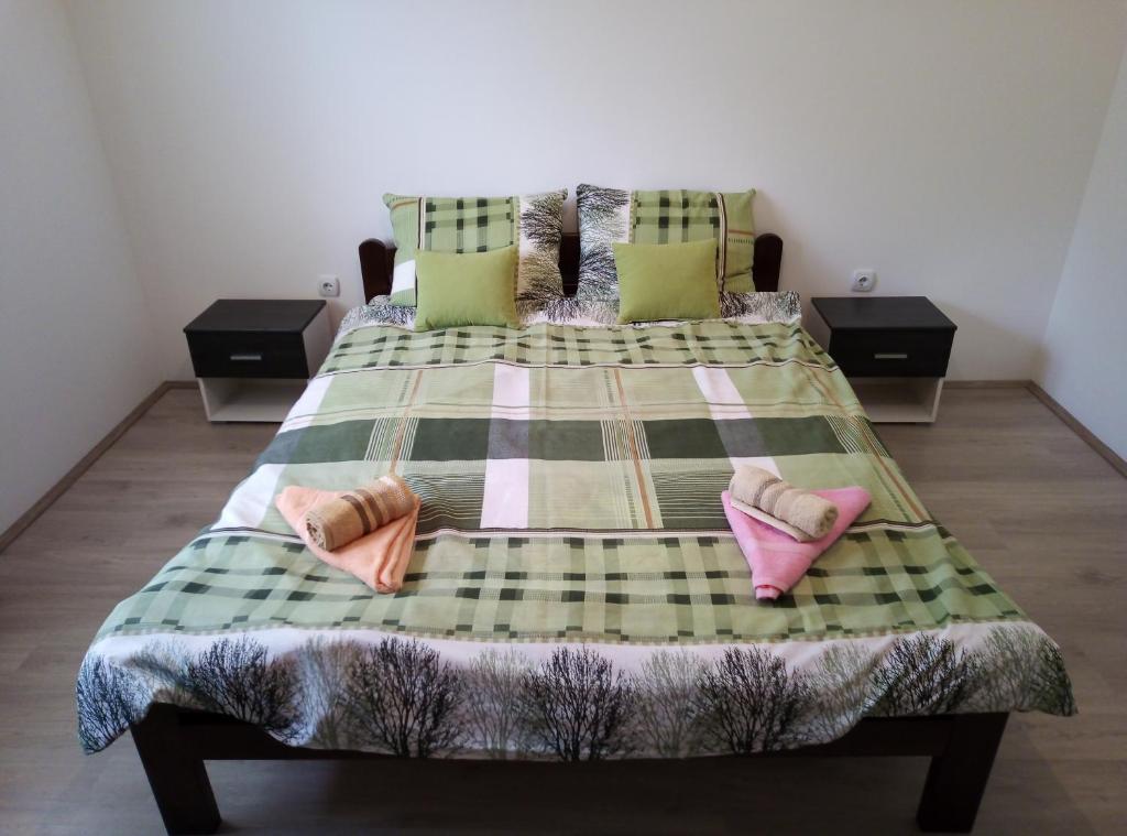 a bedroom with a bed with pink and green sheets at Apartman Miljkovic in Arandelovac