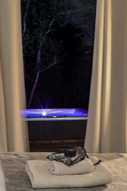 a cat laying on a towel in front of a window at Hôtel confidentiel Le Grecale in Pianottoli-Caldarello