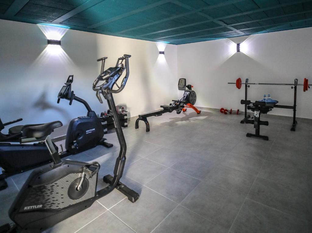 a gym with several tread machines in a room at Hôtel confidentiel Le Grecale in Pianottoli-Caldarello