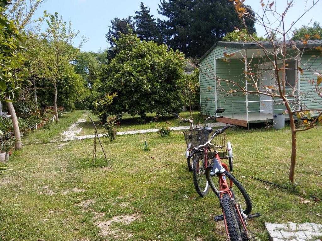 a bike parked in a yard next to a house at SaklıBahçe Pension in Cıralı