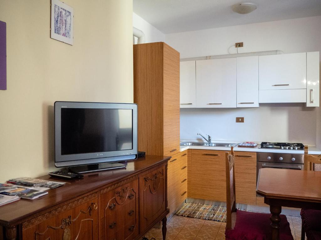 a kitchen with a television on top of a wooden cabinet at House of cats in Domaso