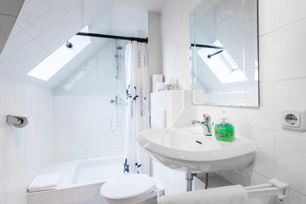 a white bathroom with a sink and a toilet at Hotel zum Rednitzgrund in Stein