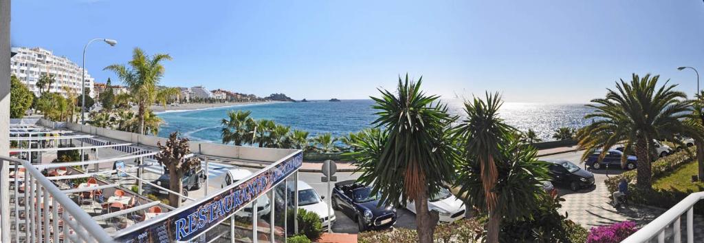 vistas a una playa con palmeras y al océano en Arrayanes Playa Almuñecar, en Almuñécar